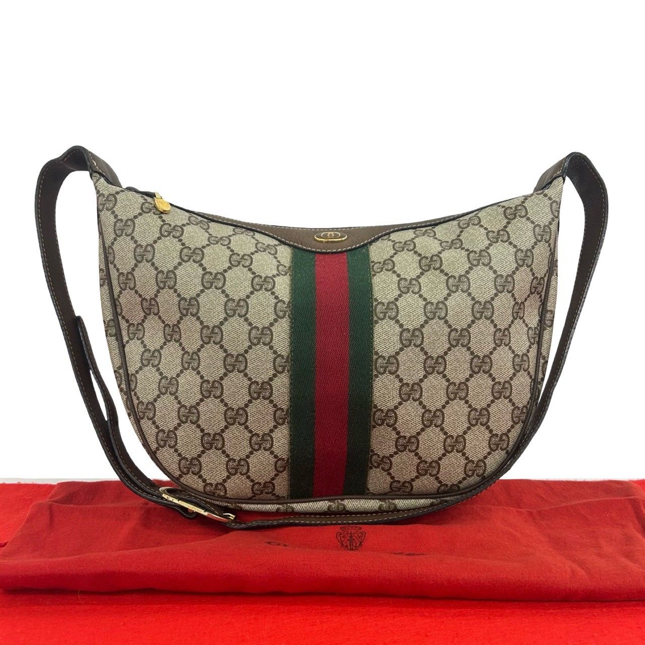 極 美品 袋付き GUCCI グッチ オールドグッチ ヴィンテージ シェリーライン GG 柄 ロゴ レザー 本革 ショルダーバッグ ブラウン b87-3