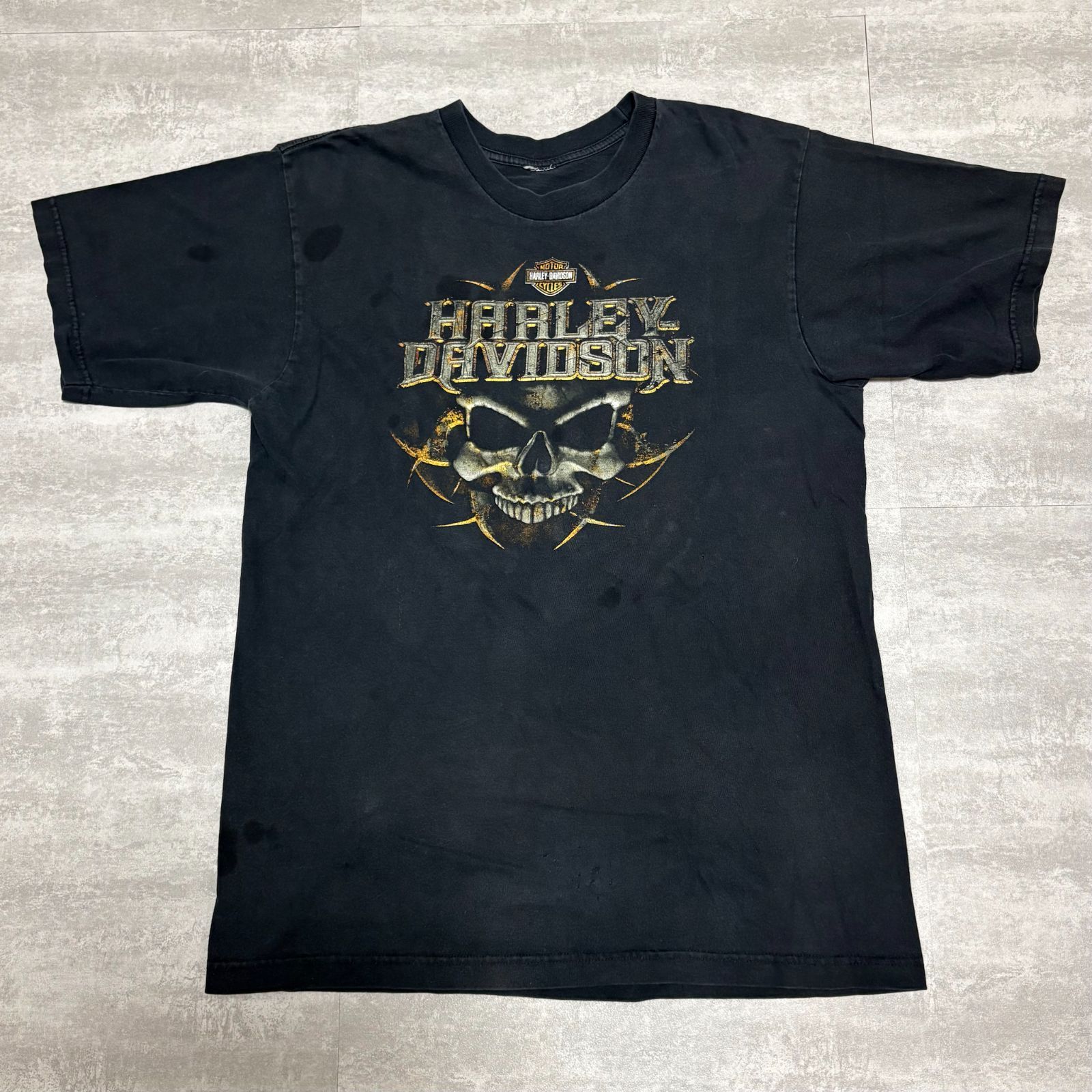 Harley Davidson ハーレーダビッドソン Tシャツ 黒 L 両面プリント スカル 釣り フェード ボロ