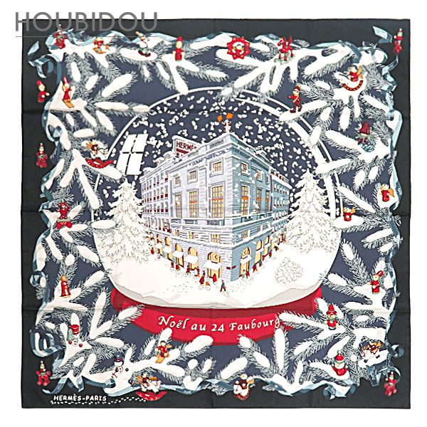 エルメス HERMES スカーフ カレ90 シルク ブラック×ネイビー×マルチカラー 【NOEL AU 24 FAUBOURG/フォーブル24番地のクリスマス】 【箱】【中古】
