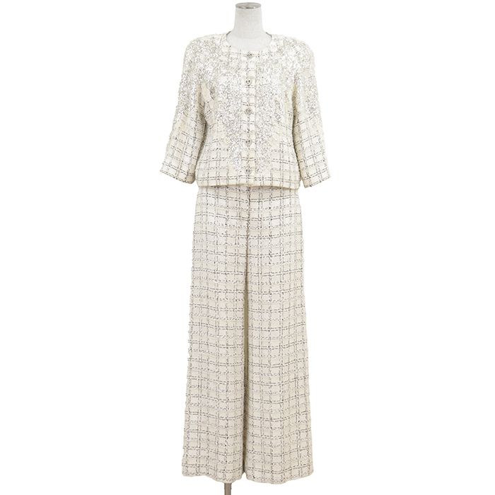 CHANEL シャネル セットアップ サイズ 36・38 レディース P63269 ツイード メタリック ジャケット パンツ ホワイト 白 フランス製