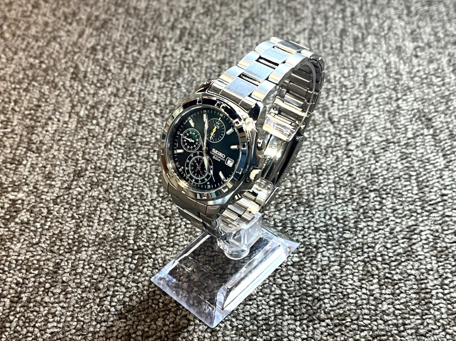 ▽SEIKO　セイコー　 腕時計　 クオーツ式　クロノグラフ　SND411P1　シルバー　グリーン文字盤 　稼働品 11375