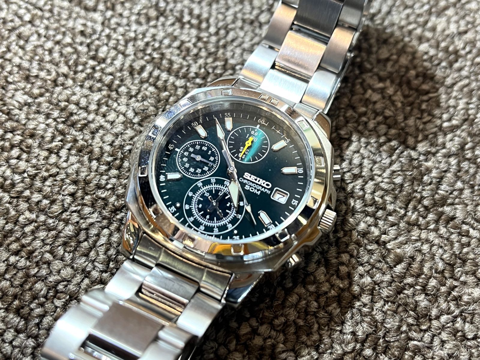 ▽SEIKO　セイコー　 腕時計　 クオーツ式　クロノグラフ　SND411P1　シルバー　グリーン文字盤 　稼働品 11375