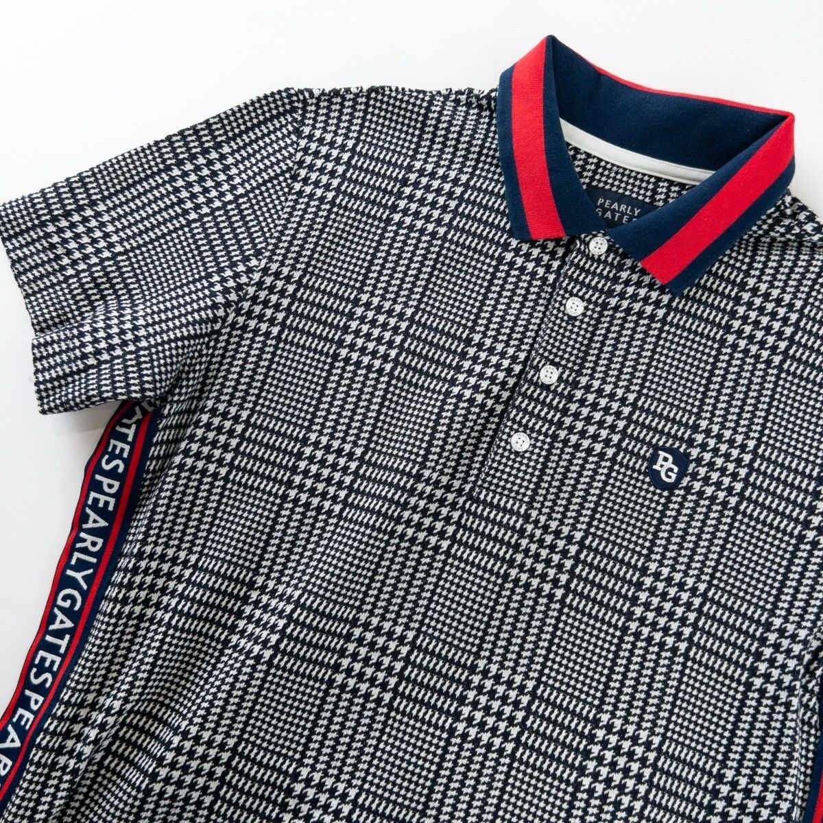 美品 PEARLY GATES パーリーゲイツ 半袖 ポロシャツ メンズ 6 (XL) 日本製 ゴルフウェア グレンチェック 千鳥格子 サイドライン / ネイビー