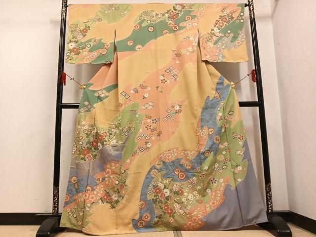 平和屋着物●訪問着　作家物　絞り　駒刺繍　草花文　金彩　正絹　逸品　未使用　AABL1766ph