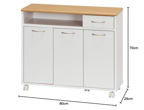 ★新品★不二貿易(Fujiboeki) キッチンカウンター キッチン収納 幅80×奥行29×高さ70cm ホワイト×ナチュラル 食器棚 キャスター付き 引き出し収納 木目調 86927 1ced5b2a