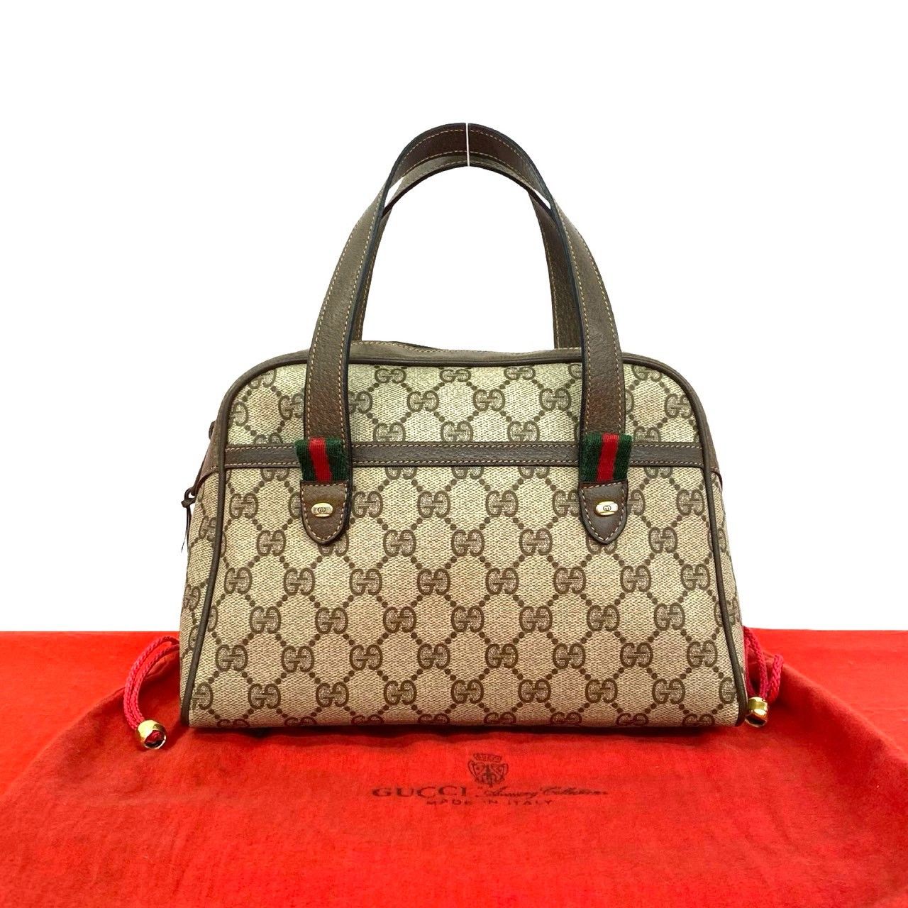 極 美品 保存袋付き GUCCI グッチ オールドグッチ ヴィンテージ シェリーライン GG 柄 ロゴ レザー 本革 ハンドバッグ ブラウン 5714c