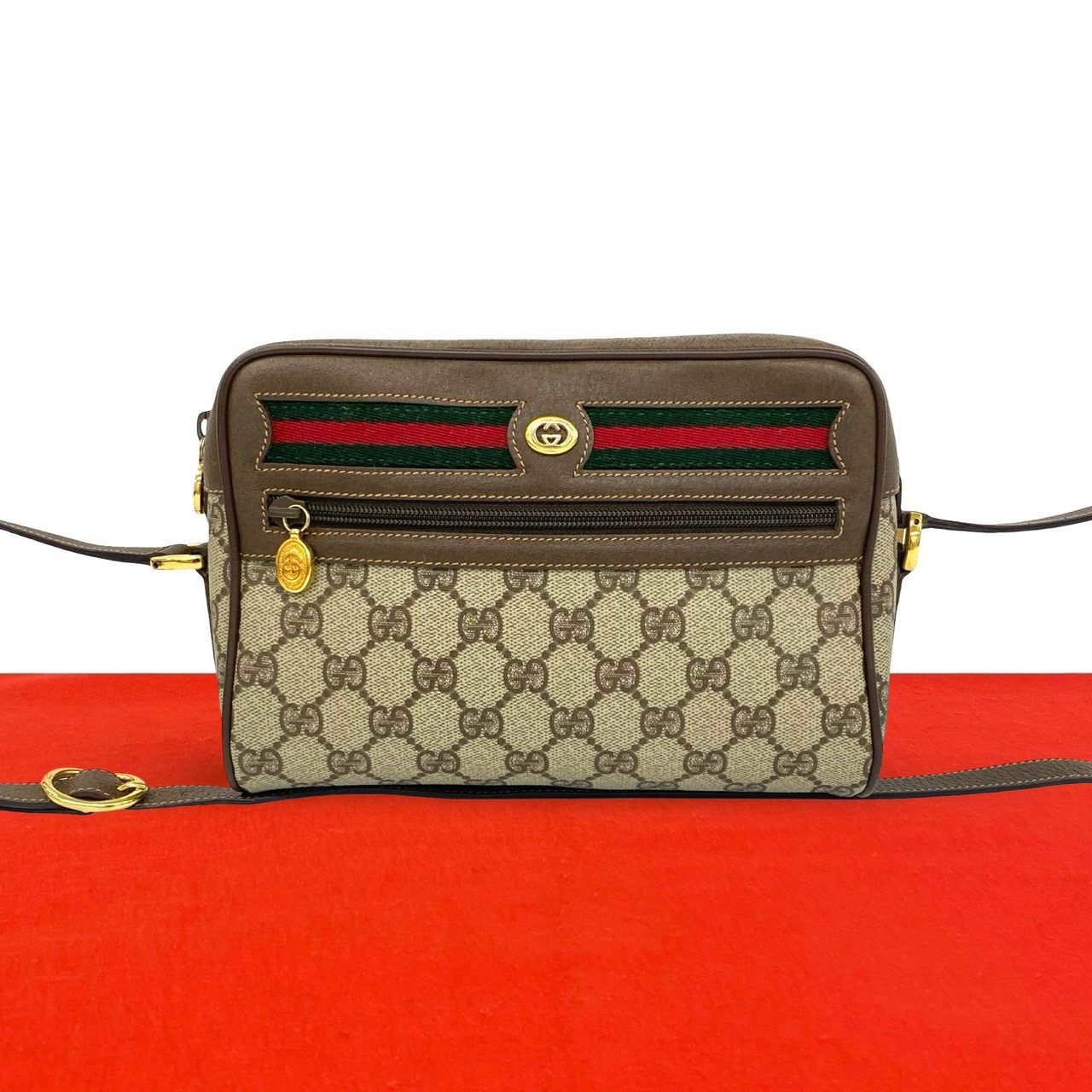 極 美品 GUCCI グッチ オールドグッチ ヴィンテージ シェリーライン GG 柄 ロゴ レザー 本革 ショルダーバッグ サコッシュ ブラウン 511-1