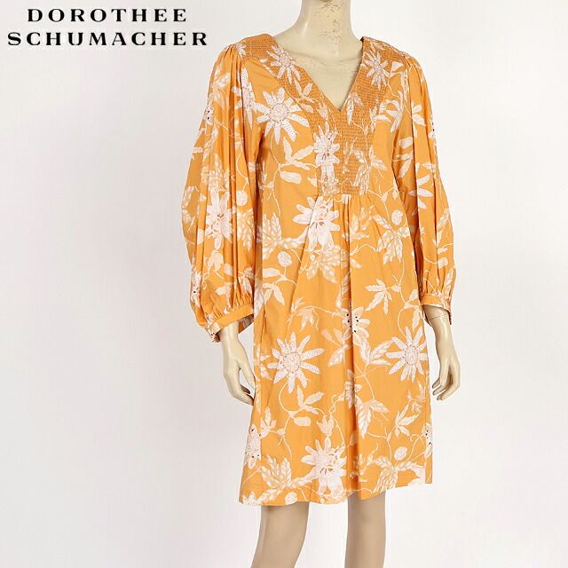 ドロシー・シューマッハ DOROTHEE SCHUMACHER レディース ワンピース ミディアム 胸元シャーリング花柄ワンピース オレンジ系（サイズ/1）sk0006