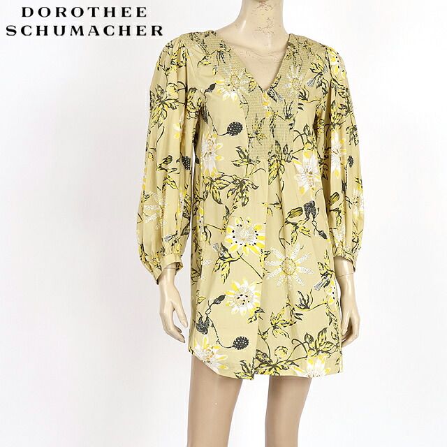 ドロシー・シューマッハ DOROTHEE SCHUMACHER レディース ワンピース ミディアム 胸元シャーリング花柄ワンピース イエロー系（サイズ/0）sk0017