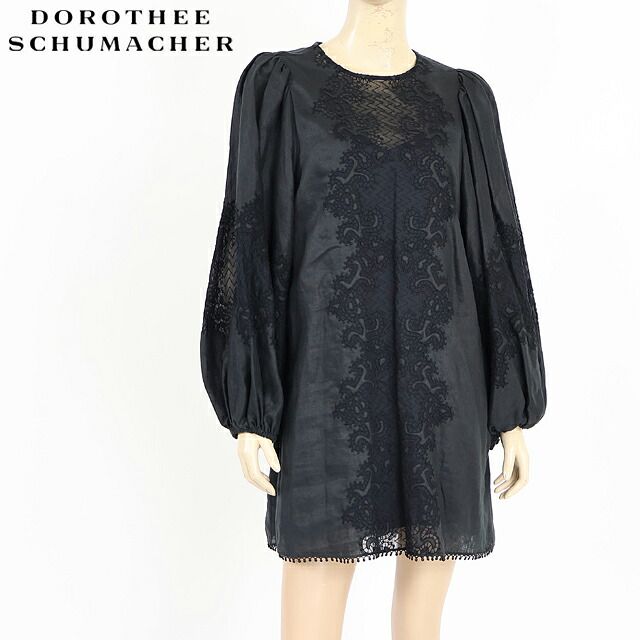 ドロシー・シューマッハ DOROTHEE SCHUMACHER レディース ワンピース ミディアム 麻100％刺繍飾りボリューム袖ワンピース ブラック系（サイズ/2）sk0029