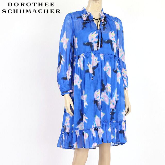 ドロシー・シューマッハ DOROTHEE SCHUMACHER レディース ロングワンピース ぼかし柄フリルカラーワンピース ブルー系（サイズ/2/3）sk0030