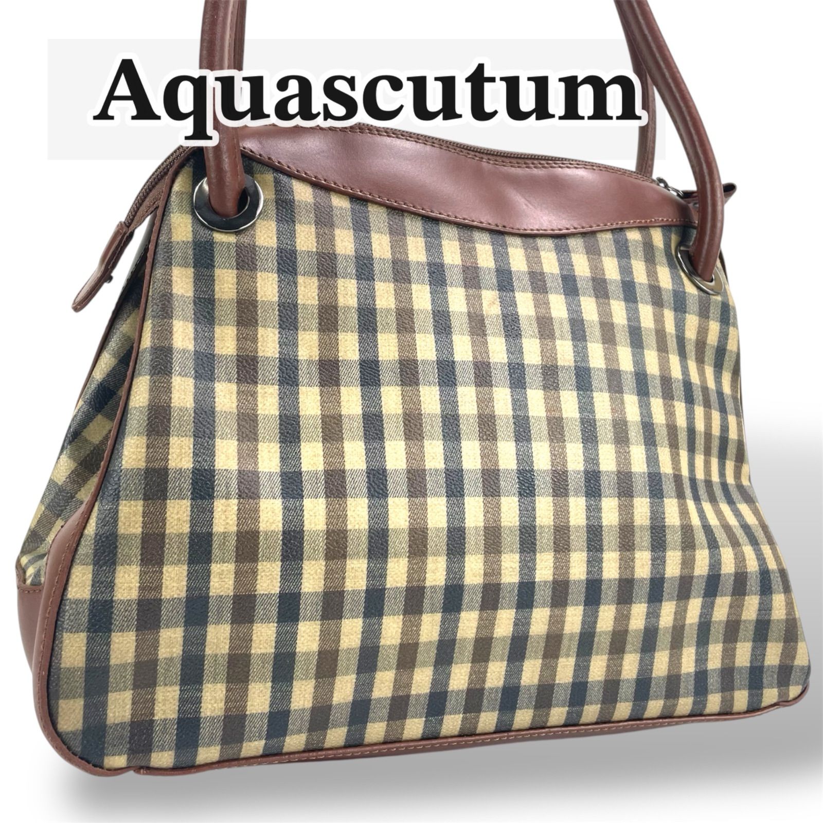 【未使用級】アクアスキュータム Aquascutum クラブチェック チェック柄 ハンドバッグ トートバッグ ミニボストン ブラウン 茶色 ネイビー キャンバス レザー 本革 ハトメ 金具 ロゴ 刻印 イギリス 英国 老舗 高級 上品 エレガント通勤 通学 7,799円