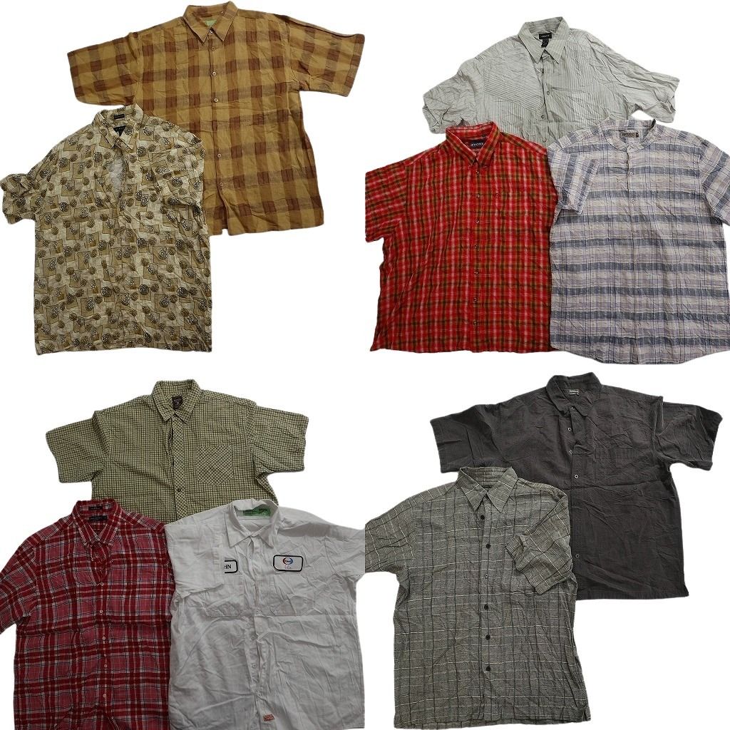 古着卸 まとめ売り 半袖シャツ 10枚セット ( メンズ XL ) バンドカラー ボックスカット チェック柄 総柄 中古 古着 NG0282