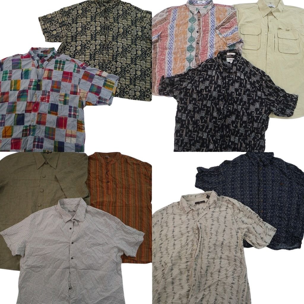 古着卸 まとめ売り 半袖シャツ 10枚セット ( メンズ 2XL ) パッチワーク ダブルフラップ 総柄 マルチストライプ 中古 古着 NG0322