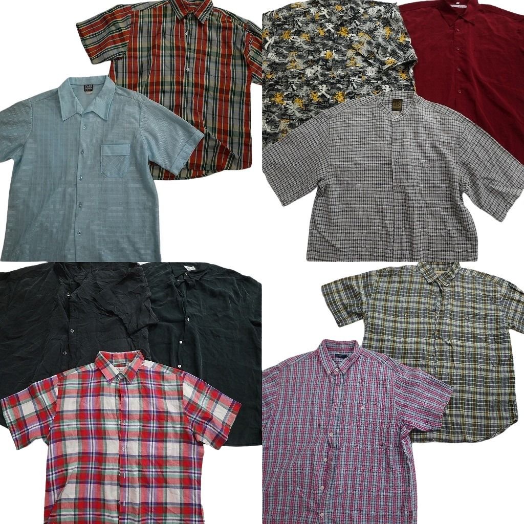 古着卸 まとめ売り 半袖シャツ 10枚セット ( メンズ XL ) ノーカラー チェック柄 ポケット付き 無地 レッド 中古 古着 NG0435