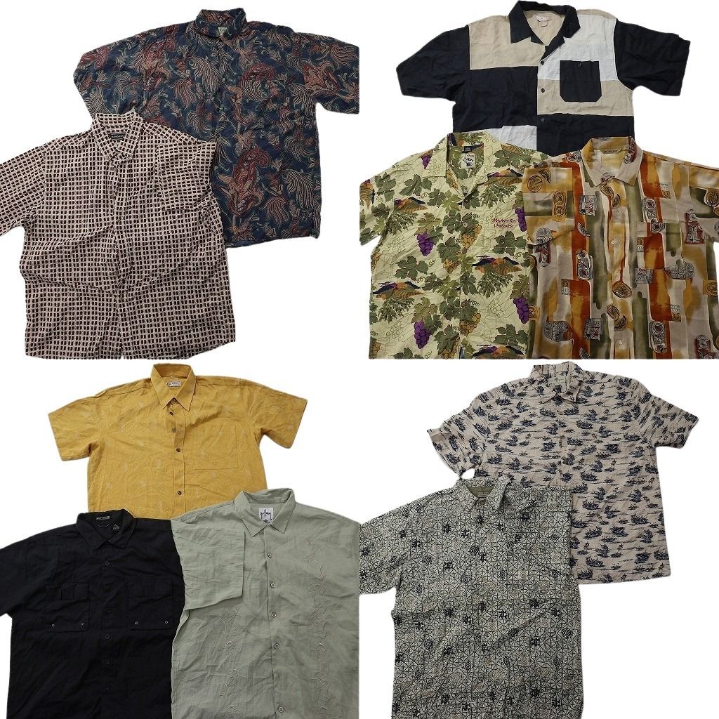 古着卸 まとめ売り 半袖シャツ 10枚セット ( メンズ XL ) 総柄 ボックスカット オープンカラー ダブルフラップ ブラック 中古 古着 NG0456