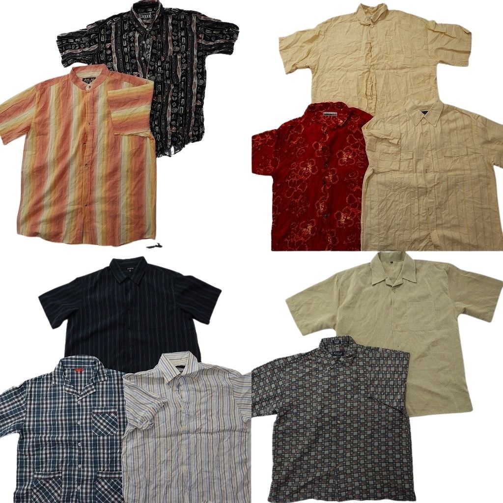 古着卸 まとめ売り 半袖シャツ 10枚セット ( メンズ XL ) ストライプ バンドカラー オープンカラー 総柄 ダブルフラップ 中古 古着 NG0458