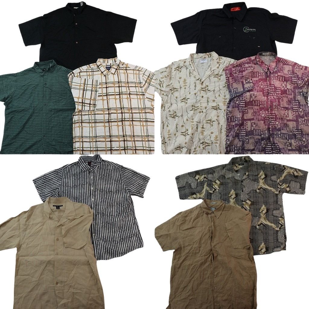 古着卸 まとめ売り 半袖シャツ 10枚セット ( メンズ 2XL ) オープンカラー ボックスカット チェック柄 ブラック 中古 古着 NG0519