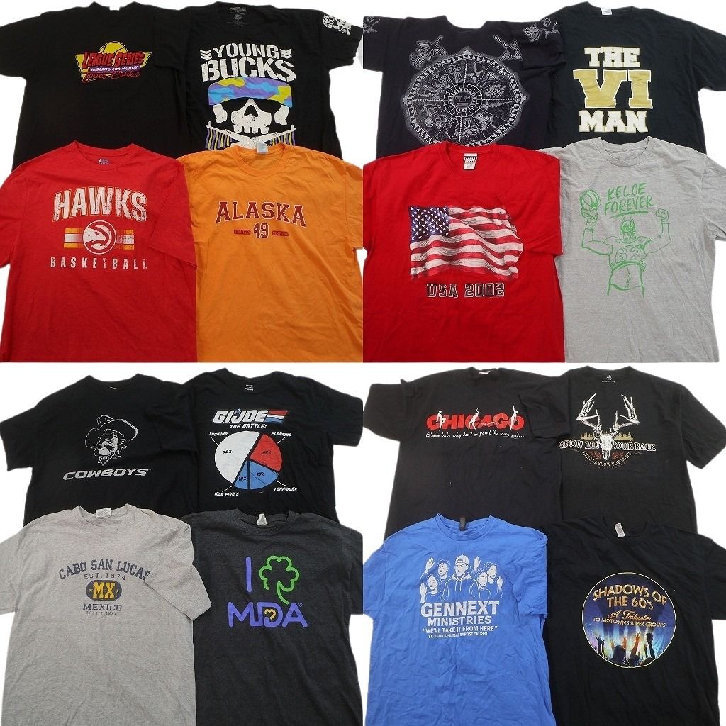 古着卸 まとめ売り プリント Tシャツ 16枚セット ( メンズ XL ) ミュージカル カレッジ風ロゴ 星条旗 プロチーム NBA 中古 古着 NG0602
