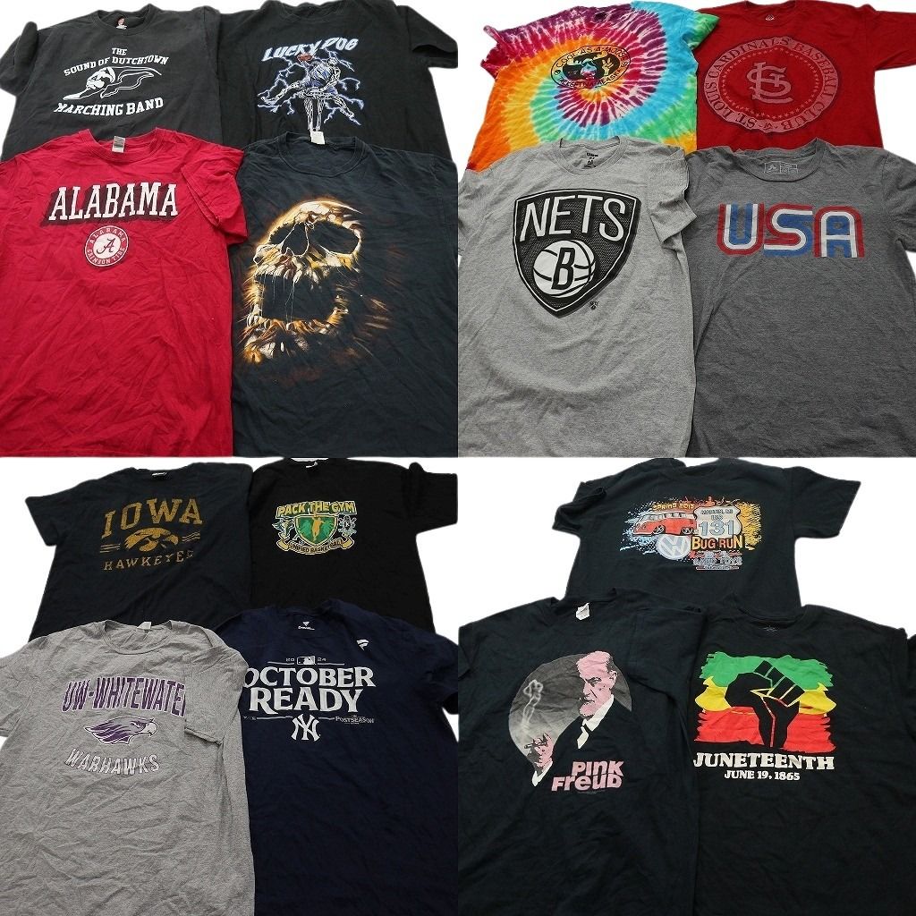 古着卸 まとめ売り プリント Tシャツ 15枚セット ( メンズ L ) プロチーム MLB ヤンキース タイダイ柄 スカル柄 ブラック 中古 古着 NG0646
