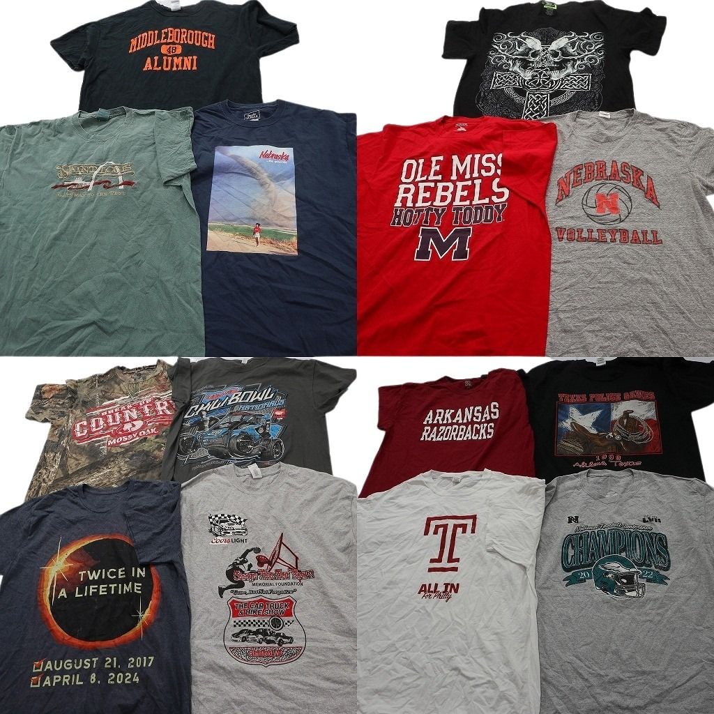 古着卸 まとめ売り プリント Tシャツ 14枚セット ( メンズ XL ) リアルツリー柄 アーチロゴ 英文字プリント ブラック 中古 古着 NG0653