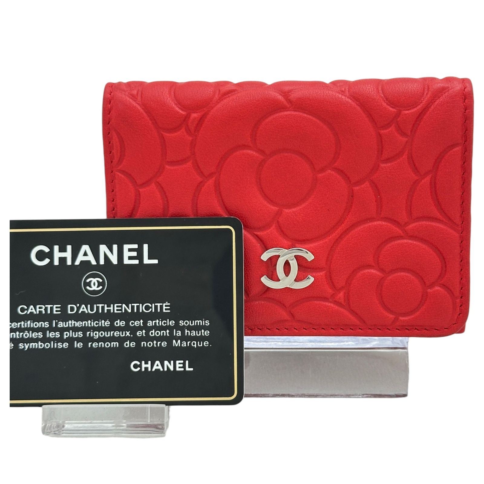 【中古】シャネル カメリア コンパクト三つ折り財布 ココマーク ラムスキン レッド シルバー金具 Aランク ch8768vf