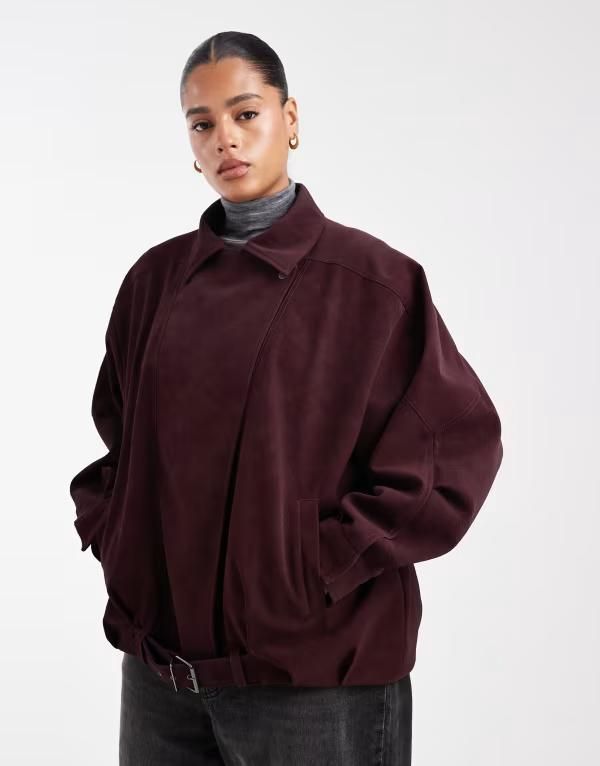 エイソス レディース アウター ジャケット・ブルゾン レザー ASOS Curve ASOS DESIGN Curve slouchy leather look oversized moto jack