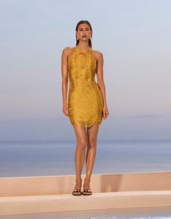 エイソス レディース トップス ワンピース ミニワンピース ドレープ ミニ フリンジ ホルター ASOS DESIGN halter draped fringe mini dress in chart