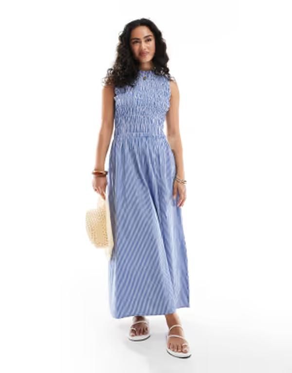 オンリー レディース トップス ワンピース ギンガムチェック マキシ ギンガム ONLY dropped waist shirred maxi dress in light blue gingham