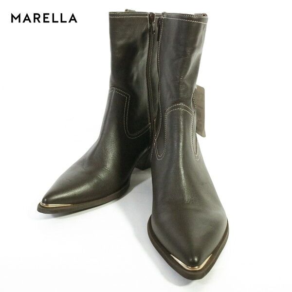 80%OFF 新品 マレーラ MARELLA ブーツ 37 ES369 23.5cm ダークブラウン レディース ショートブーツ レザーブーツ 牛革 イタリア製