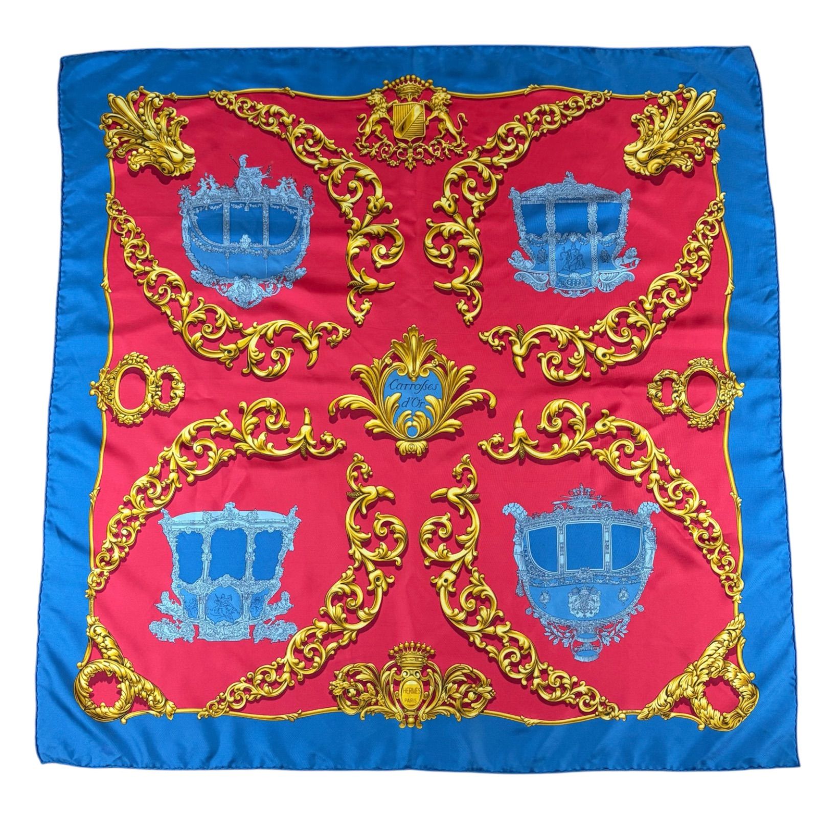 HERMES Carrosses d'Or Silk Scarf Carre90 エルメス カレ90 × 金の馬車 大判スカーフ　シルク100% レッド　ブルー 14,625円
