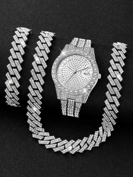 Men's Quartz Watch, 3 Piece Set, Men's Silver Tone Band Watch, Fashionable Roman Numeral, Calendar & Graduation Design, Quartz Watch, Bracelet, Necklace, Jewelry Set, Daily Wear, Decor, Holiday