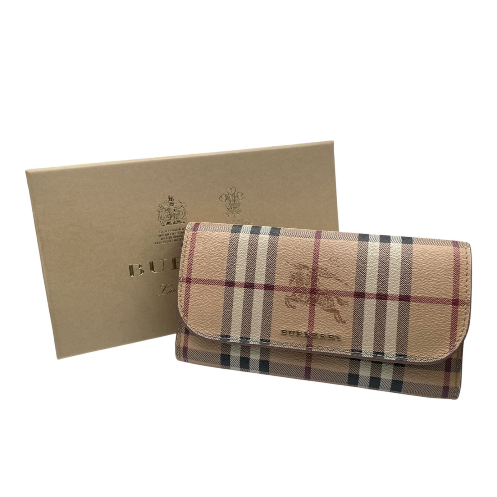 【付属品完備】Burberry バーバリー HARRIS WALLET ハリス ロングウォレット 4060448 ライトエルダーベリー Light Elderberry くすみ系ピンク・パープルカラー チェック 二つ折り長財布 フラップ型 かぶせ蓋式 馬 騎士