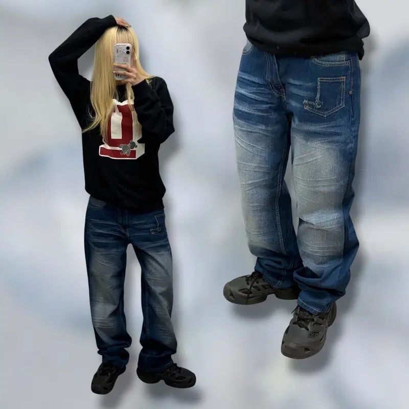 バックル ウォッシュ デニムパンツ