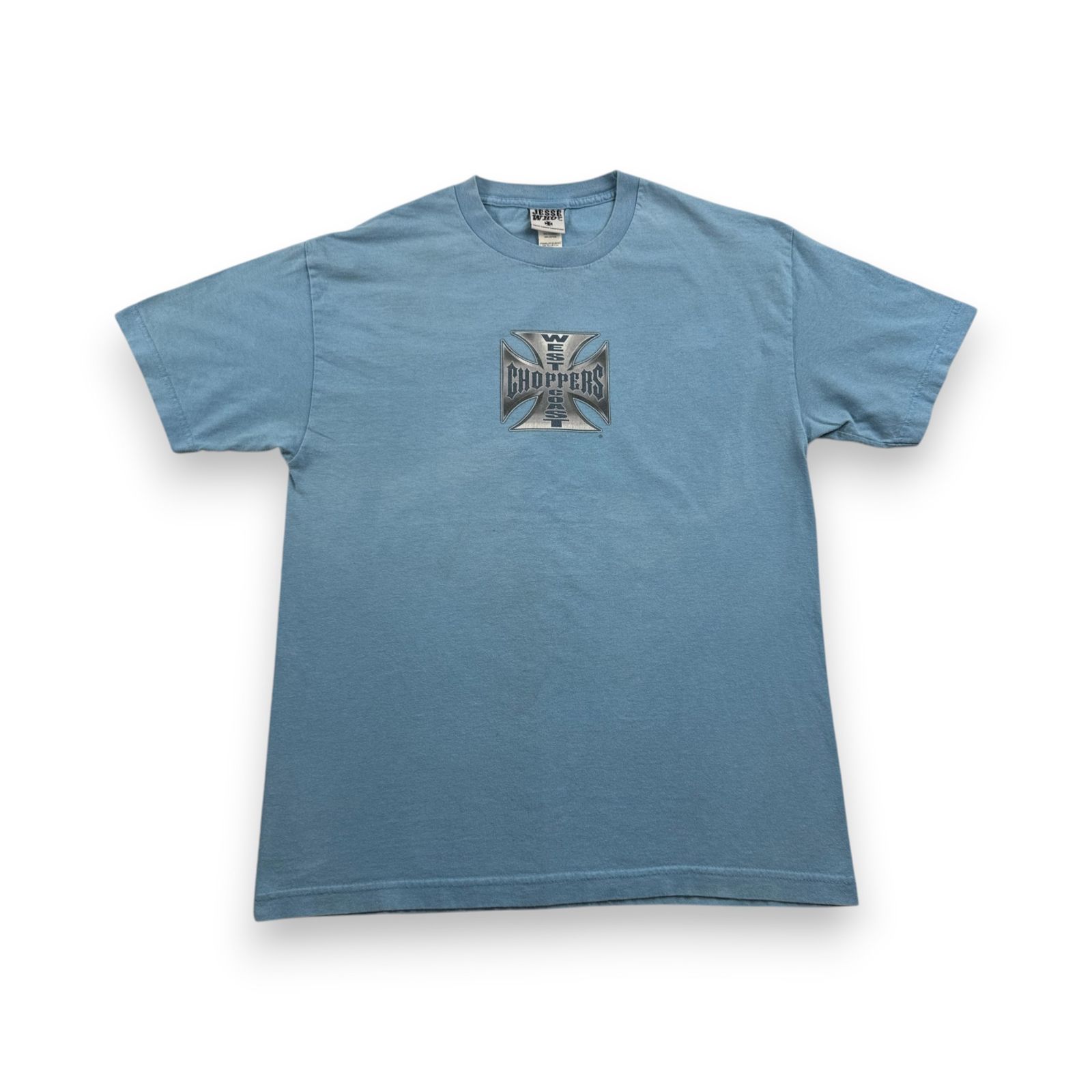 レアカラー WEST COAST CHOPPERS アイアンクロス 水色 ロゴ 企業 バイク ビンテージ Tシャツ ウエストコーストチョッパーズ 半袖 古着 y2k USA L long beach co-t-2505-015