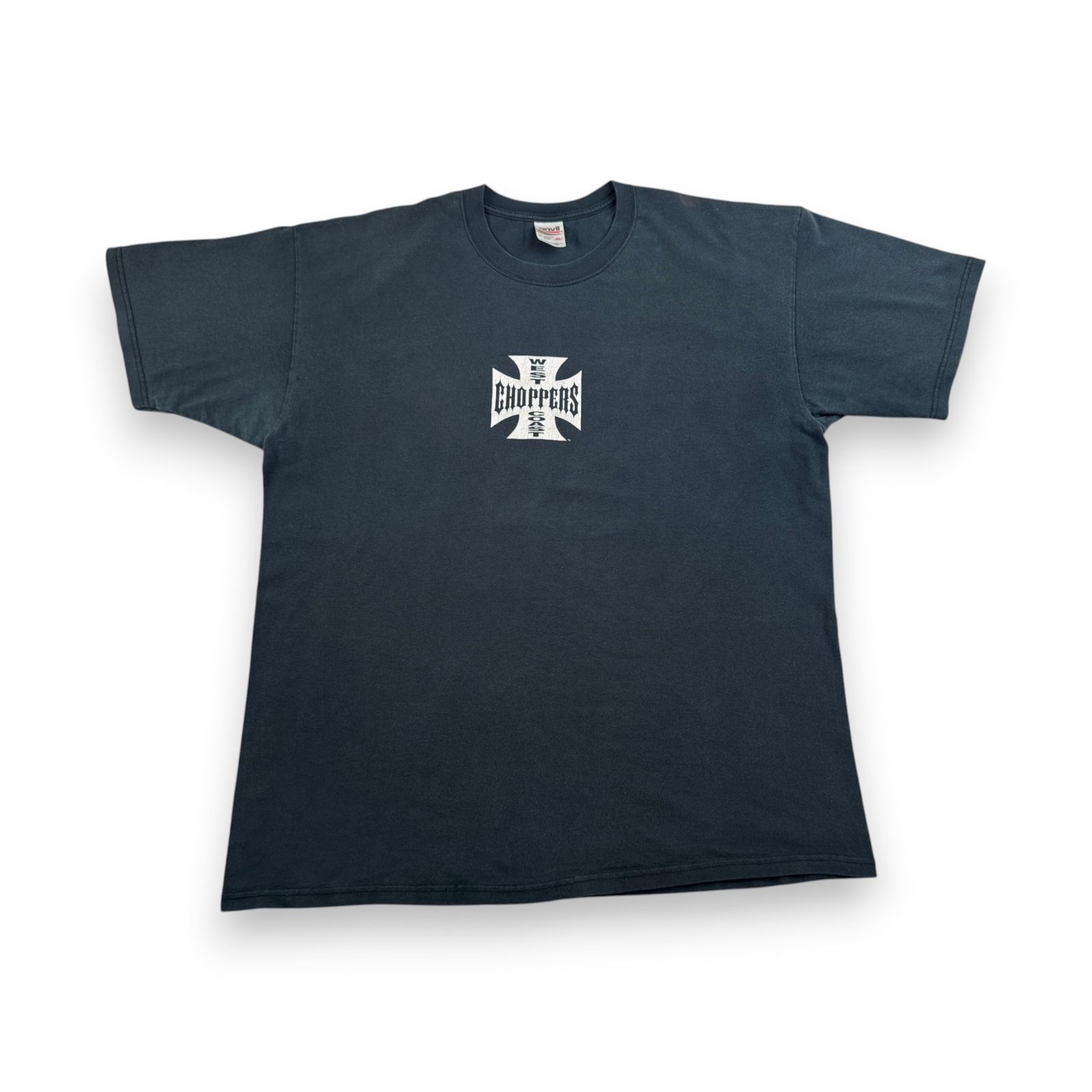 WEST COAST CHOPPERS アイアンクロス 黒 anvil ロゴ 企業 バイク ビンテージ Tシャツ ウエストコーストチョッパーズ 半袖 古着 y2k USA XL long beach co-t-2505-019