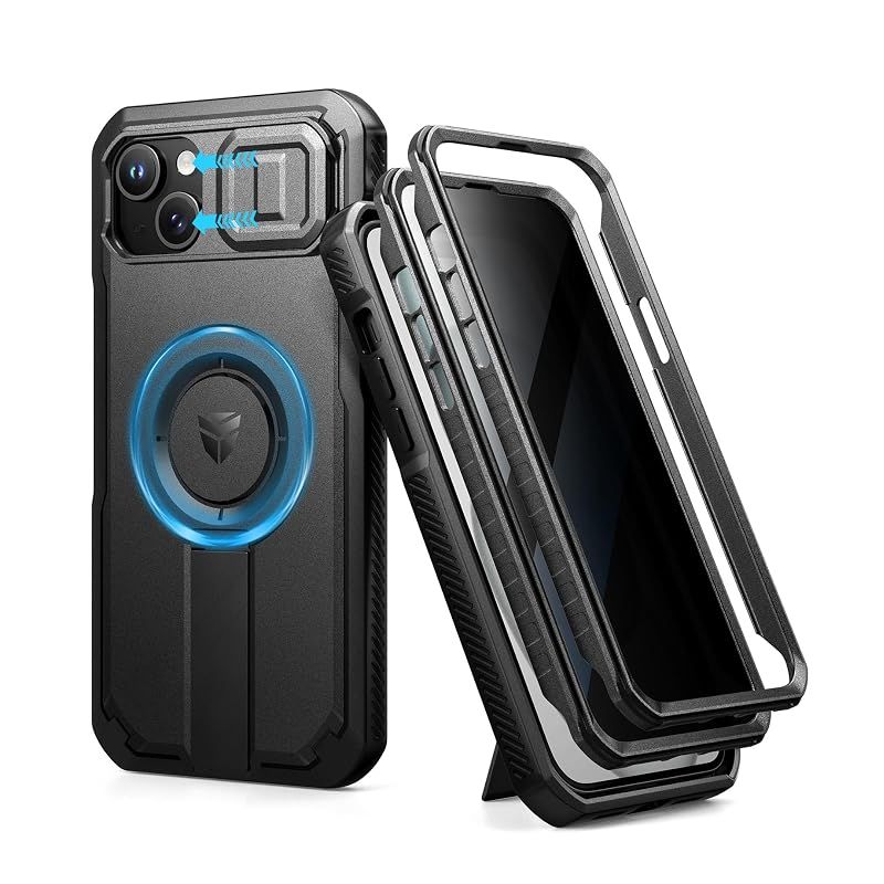 【新品】 Dexnor iPhone 15 Plus/14 Plus対応 スライド式カメラカバー＆調整可能キックスタンド＆のぞき見防止フィルム付き MagSafe対応 耐衝撃バンパーケース＆磁気保護カバー ブラック(ブラック)