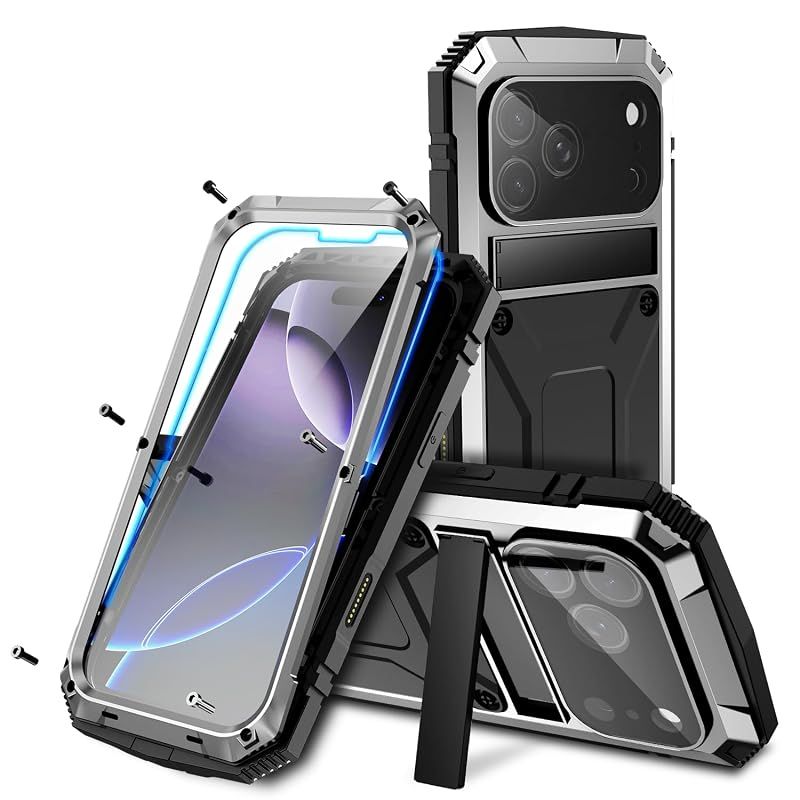 【新品】 PboyiqiS iPhone 17 Pro ケース，耐衝撃 防水 防塵 三防アイフォン17プロ 6.3インチアルミケース，スタンド機能，アルミバンパー 強化ガラス内蔵 ，最強級金属合金 360 強力保護 軍用 耐衝撃 (シルバー， iPhone 1