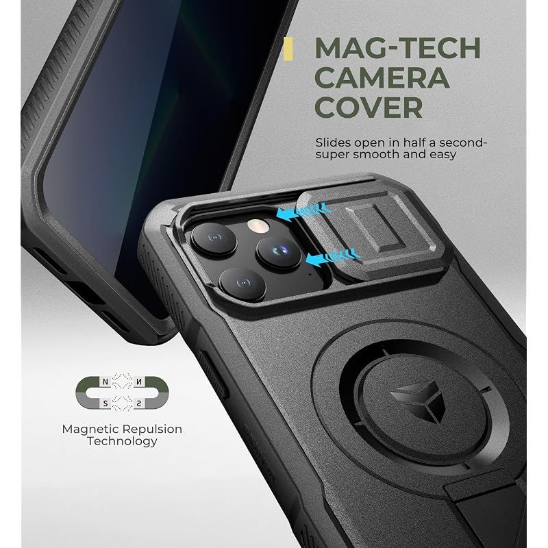 【新品】 Dexnor iPhone 12 Pro Max/13 Pro Max対応 スライド式カメラカバー＆調整可能キックスタンド＆のぞき見防止フィルム付き MagSafe対応 耐衝撃バンパーケース＆磁気保護カバー ブラック(ブラック)