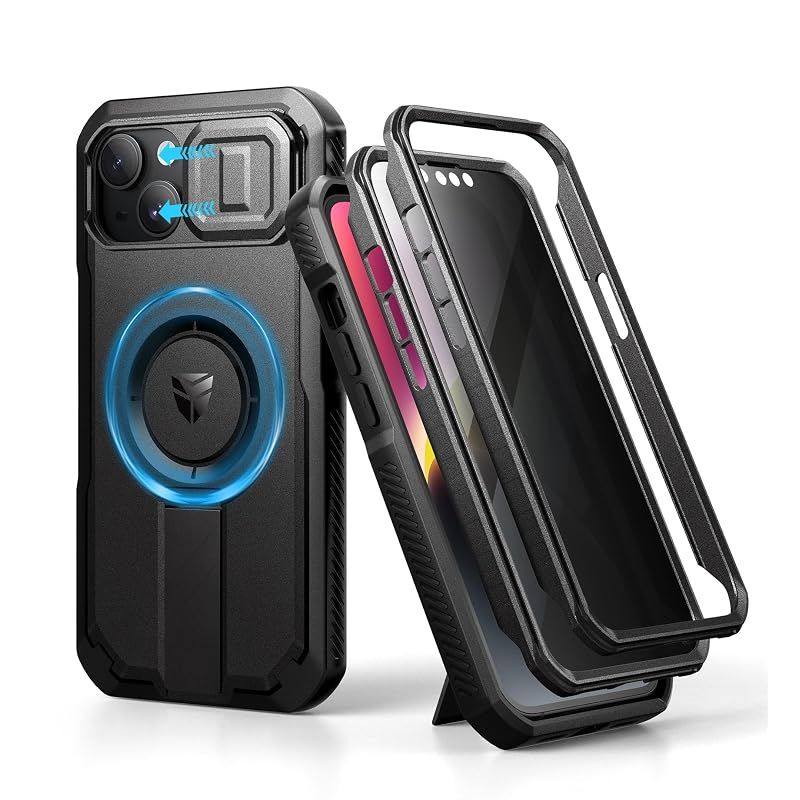 【新品】 Dexnor iPhone 13/14対応 スライド式カメラカバー＆調整可能キックスタンド＆のぞき見防止フィルム付き MagSafe対応 耐衝撃バンパーケース＆磁気保護カバー ブラック(ブラック)