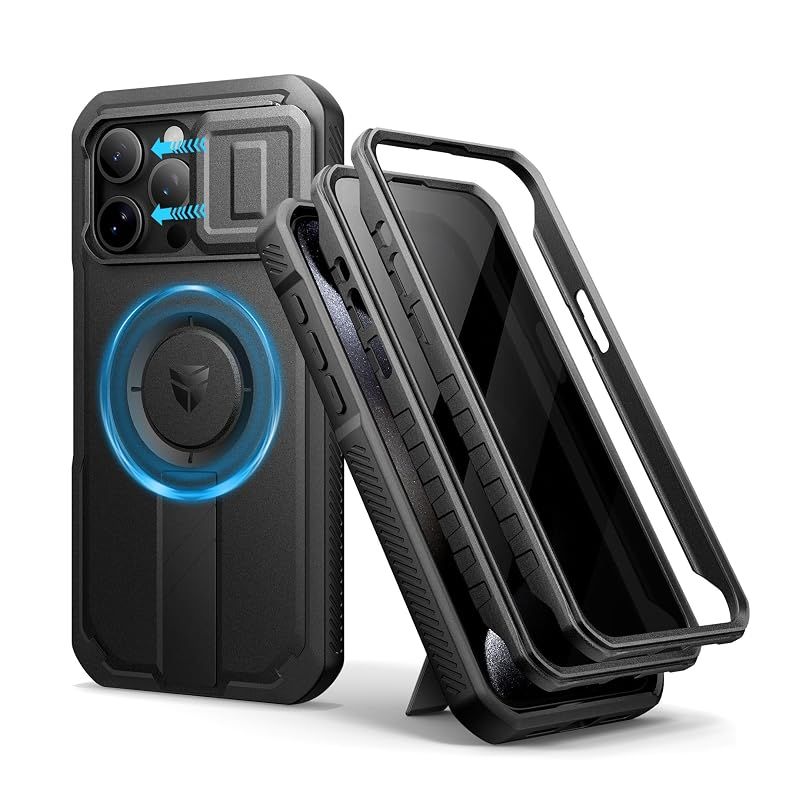 【新品】 Dexnor iPhone 15 Pro Max対応 スライド式カメラカバー＆調整可能キックスタンド＆のぞき見防止フィルム付き MagSafe対応 耐衝撃バンパーケース＆磁気保護カバー ブラック(ブラック)