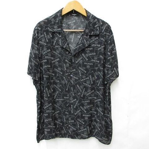 バルマン BALMAIN シャツ 半袖シャツ パジャマシャツ 開襟 レーヨン 総柄 ロゴ 大きいサイズ 2024SS ブラック 黒 56 ☆AA★