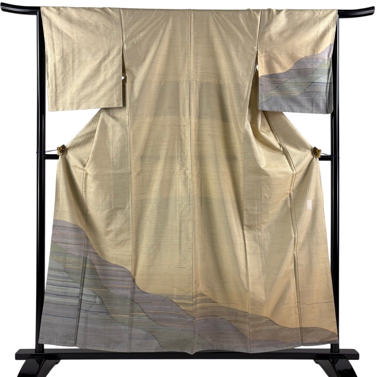 付下げ 身丈157cm 裄丈65.5cm M 袷 紬地 横縞 ベージュ 正絹 名品 【中古】