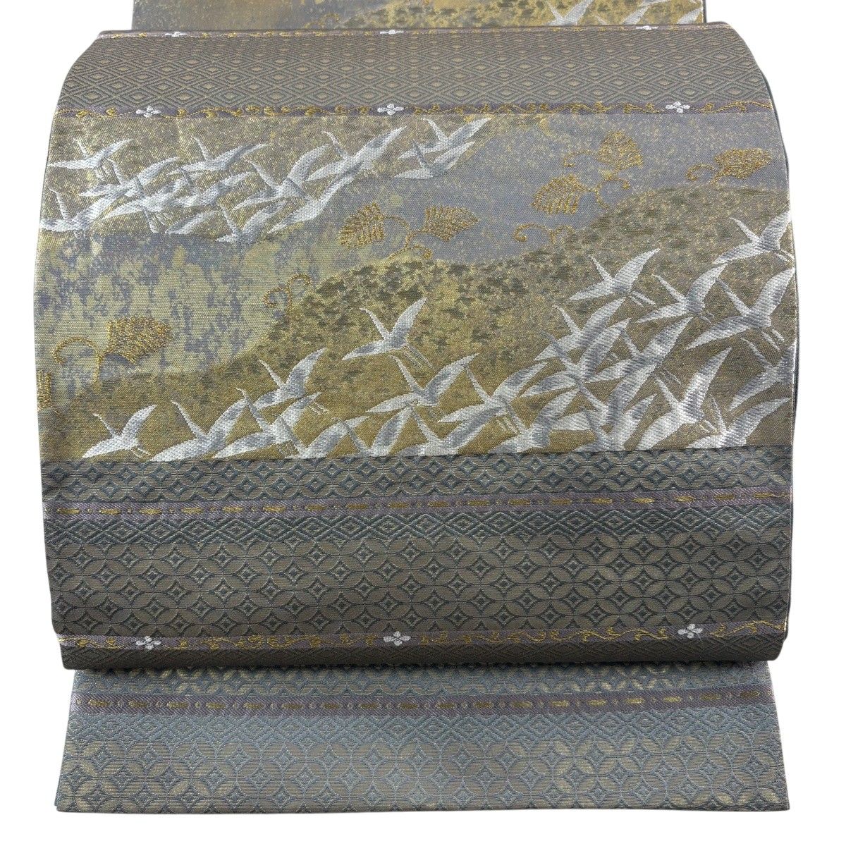 【美品】 袋帯 秀品 鶴 有職文様 金糸 箔 灰緑 六通 正絹 【中古】