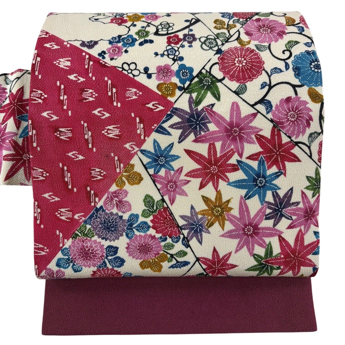 名古屋帯 秀品 紅葉 枝梅 縮緬 クリーム 正絹 【中古】