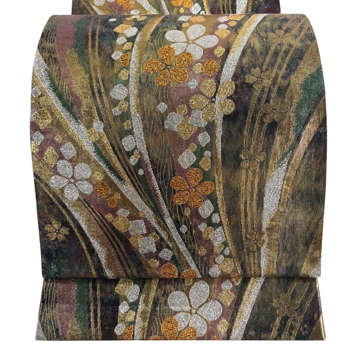 【美品】 袋帯 秀品 花 幾何学 箔 茶緑色 六通 正絹 【中古】 6,160円