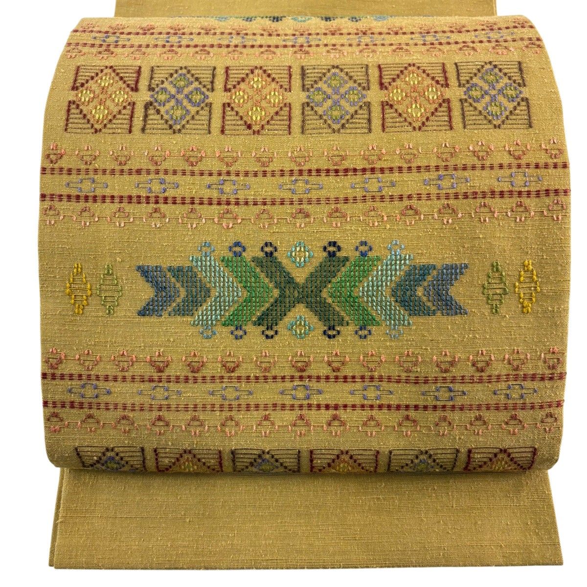 【美品】 開き名古屋帯 逸品 紬地 幾何学 黄土色 正絹 【中古】