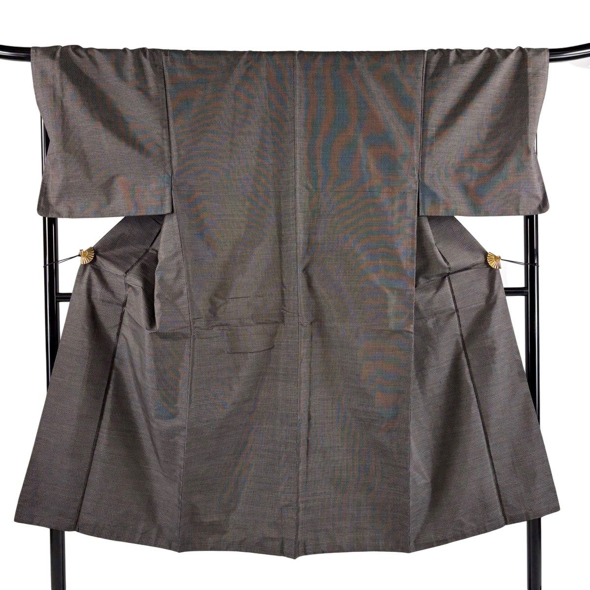 【美品】 男着物 身丈141.5cm 裄丈70.5cm M 袷 アンサンブル 紬 縦縞 幾何学模様 墨色 正絹 秀品 【中古】 6,336円