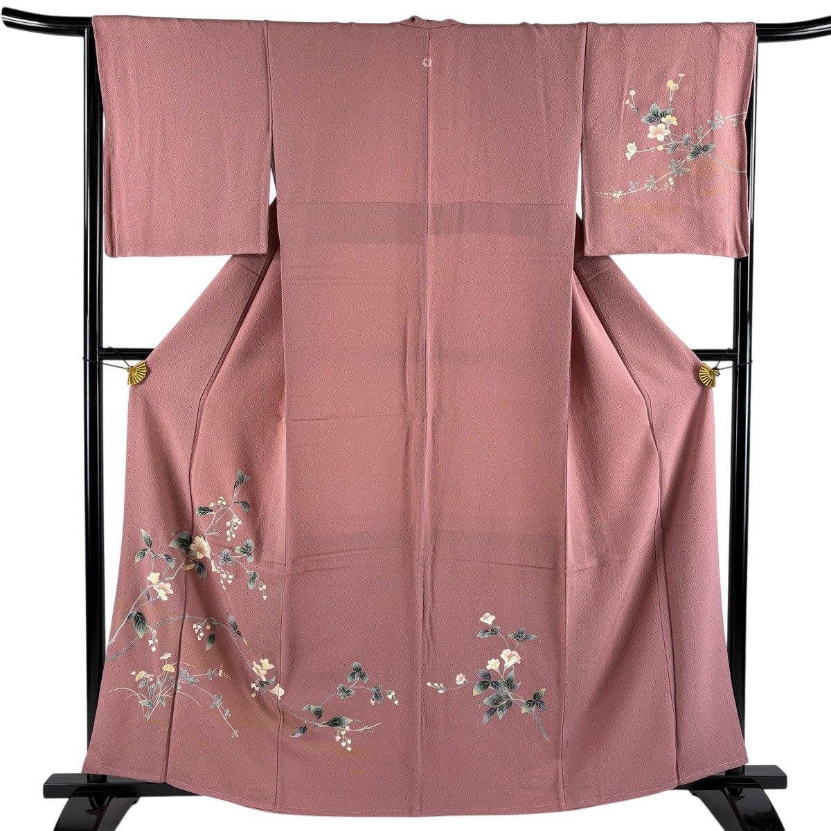 【美品】 付下げ 身丈161cm 裄丈66cm M 袷 枝花 観世水 金彩 縮緬 赤紫 正絹 秀品 一つ紋 【中古】