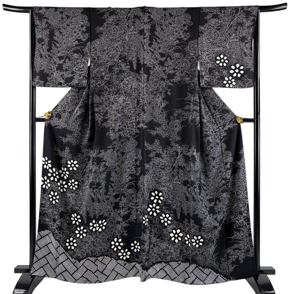 訪問着 身丈163.5cm 裄丈65.5cm M 袷 牡丹 草花 絞り 黒 正絹 秀品 【中古】